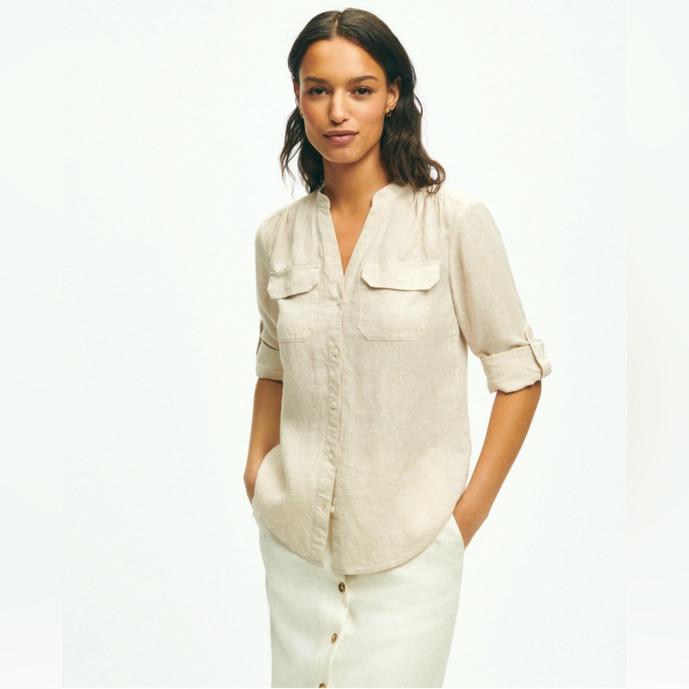 ✨ BROOKS BROTHERS ✨ Classic V-Neck Utility Shirt In Linen